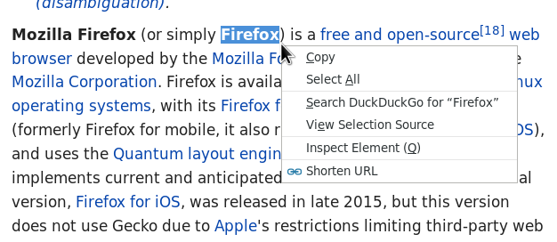 The context menu receives another item 'Shorten URL' that can be used to trigger the popup. If you selected some text on the web page the selection will be nominated as a keykowrd, see also following picture.