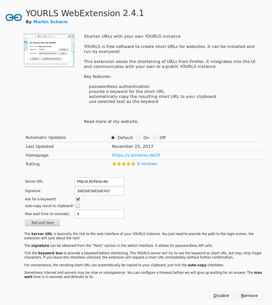 Preferences of the YOURLS Firefox extension
